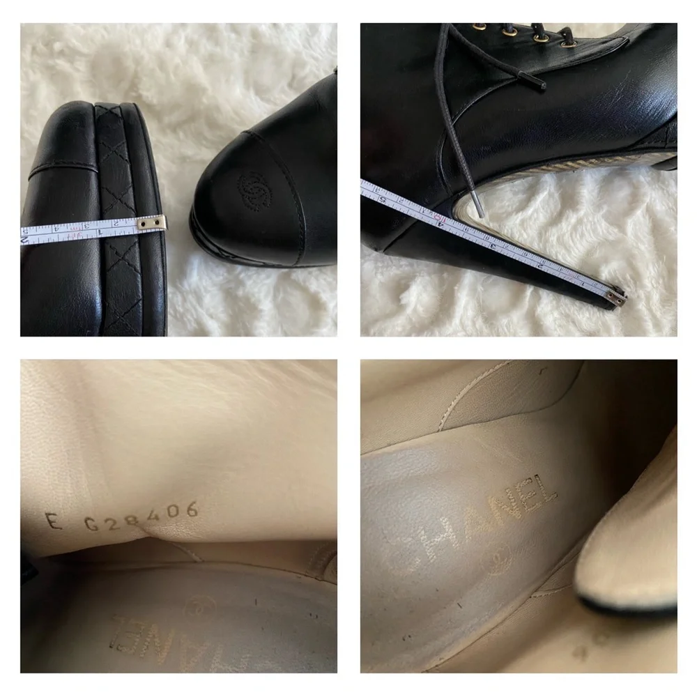 Chanel Black Leather CC Cap Toe Lace Up Platform Ankle Boots - Picture 16 of 16